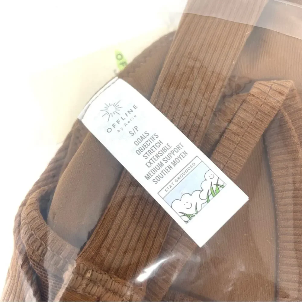 Aerie OFFLINE Ribbed Plunge Sports Bra w/ Back Mesh in Brown Women's Small $45 - Picture 8 of 8